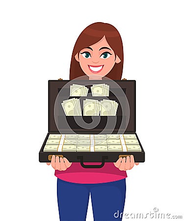 Happy successful young woman holding briefcase full of money banknotes. Businesswoman holds up a suitcase full of currency notes. Vector Illustration