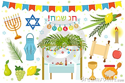 Happy Sukkot icon set, flat, cartoon style. Vector Illustration