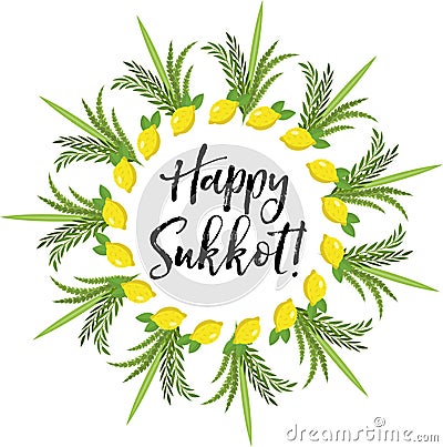 Happy Sukkot round frame of herbs. Jewish holiday huts template for greeting card Vector Illustration