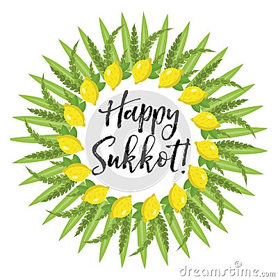 Happy Sukkot round frame of herbs. Jewish holiday huts template for greeting card Vector Illustration