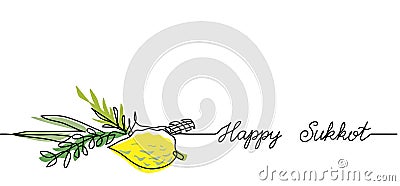 Happy Sukkot simple web banner, background.One continuous line drawing of lemon and green brunches with text Happy Vector Illustration