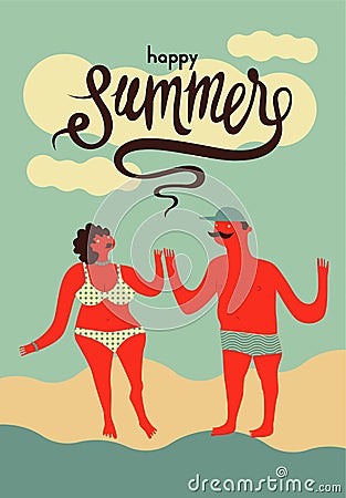 Happy summer. Calligraphic retro poster with cartoon couple. Vector illustration. Vector Illustration