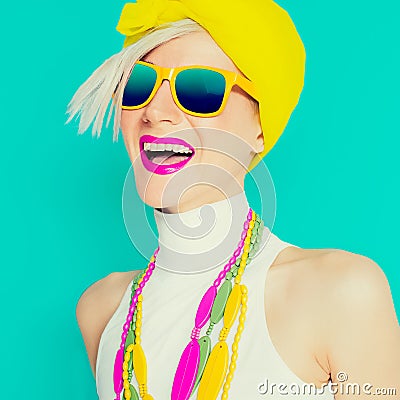 Happy summer girl in trendy bright accessories Stock Photo