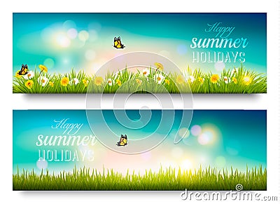 Happy summer holidays banner with flowers, grass and butterflies Vector Illustration