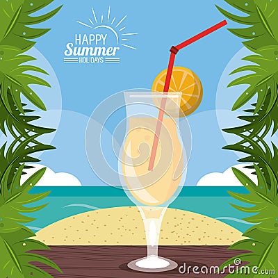 Happy summer holidays poster. cocktail over table sand leaves palm beach Vector Illustration