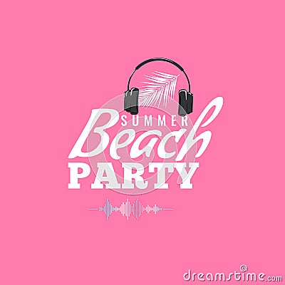 Happy Summer Party Logo with headphone and sound wave icon. Dj concert poster. Vector illustration. Vector Illustration