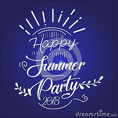 Happy Summer Party 2019. Vector multicolored logo on dark blue background. Sun and handwritten inscription. Vector Illustration