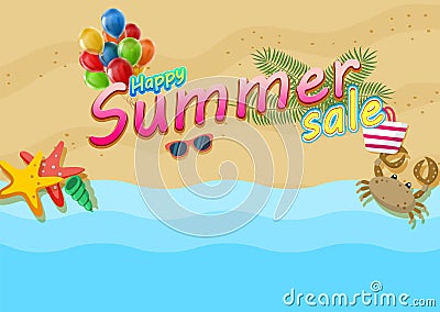 Happy summer Sale Poster on tropical beach background Vector Illustration