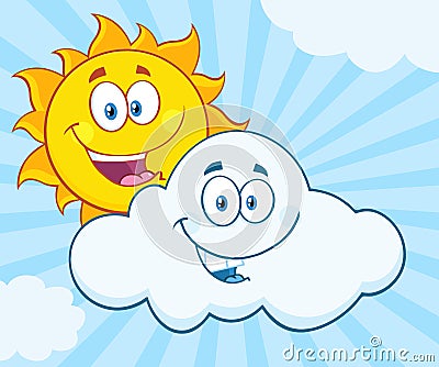 Happy Summer Sun And Smiling Cloud Mascot Cartoon Characters Vector Illustration