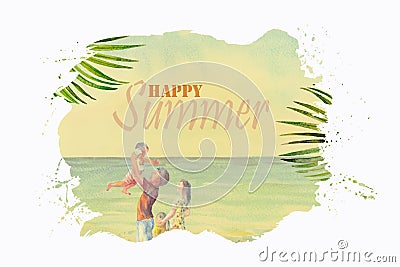 Happy summer text with family traveling Cartoon Illustration