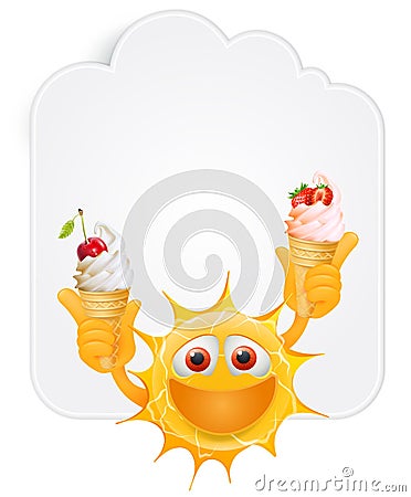 Happy Summer Sun Emoticon. Happy Sun Emoji with ice cream in the hands in front of cloud shaped banner . Stock Photo