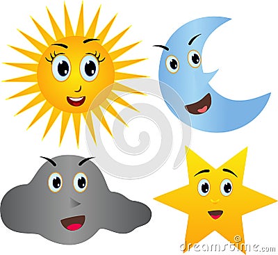 Happy sun moon clouds star Cartoon Illustration