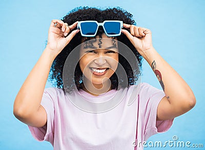 Happy, sunglasses and summer with portrait of black woman for smile, fashion and beauty. Adventure, holiday and Stock Photo