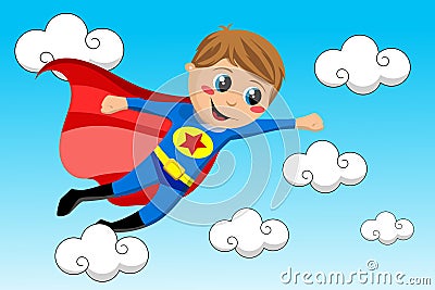 Happy Superhero Kid Flying Sky Vector Illustration