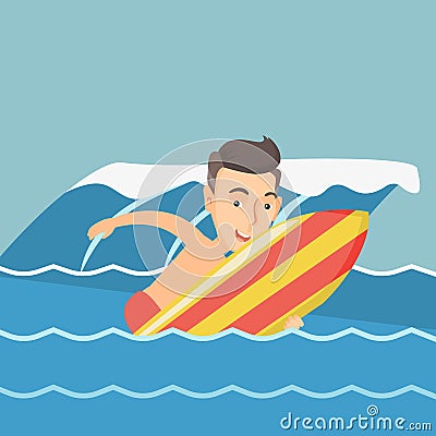 Happy surfer in action on a surfboard. Vector Illustration