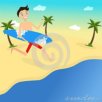 Happy surfer on the beach. Vector. Flat design. Vector Illustration