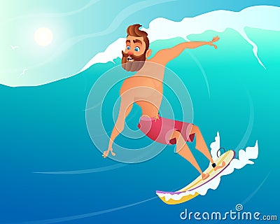 Happy Surfer ride on Blue Ocean Wave. Character cartoon design. Stock Photo