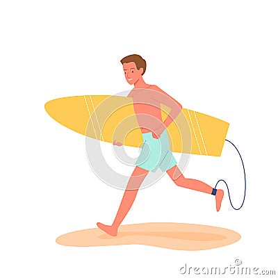 Happy surfer runs with surfboard on tropical beach, summer beach travel vacation scene Vector Illustration