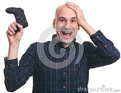 Happy surprised bald guy with a joystick Stock Photo