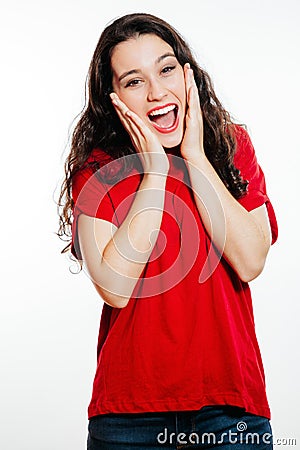 Happy surprised woman screaming Stock Photo