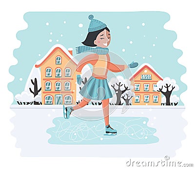 Happy sweet girl riding on ice skates Vector Illustration