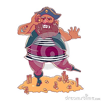 Happy tattooed pirate with a prosthetic device, coin in his hand and treasure Vector Illustration