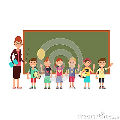 Happy teacher with kids in school. Teaching children vector background Vector Illustration