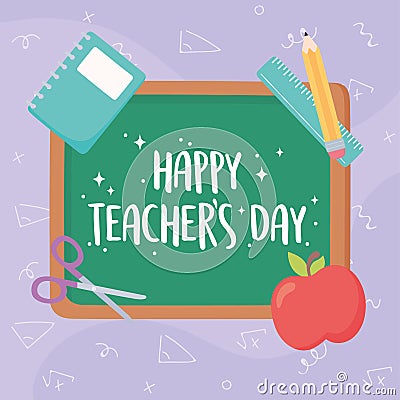 Happy teachers day, blackboard lettering apple book ruler and pencil Vector Illustration