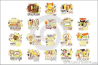 Happy Teachers Day Colorful Graphic Design Template Logo Set ,Hand Drawn Vector Stencils Vector Illustration