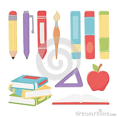 Happy teachers day, school apple books ruler pencil pen brush crayon icons Vector Illustration