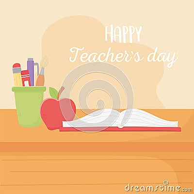 Happy teachers day, school book apple and pen pencil crayon Vector Illustration