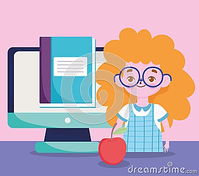 Happy teachers day, student girl online education computer book and apple Vector Illustration