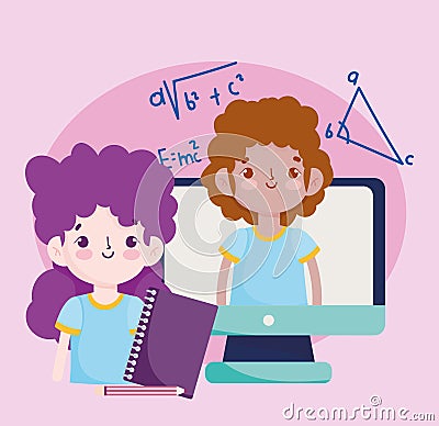 Happy teachers day, students boy and girl computer and book Vector Illustration