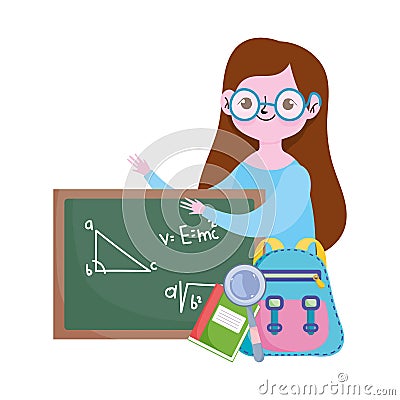 Happy teachers day, teacher blackboard backpack book and magnifier cartoon Vector Illustration