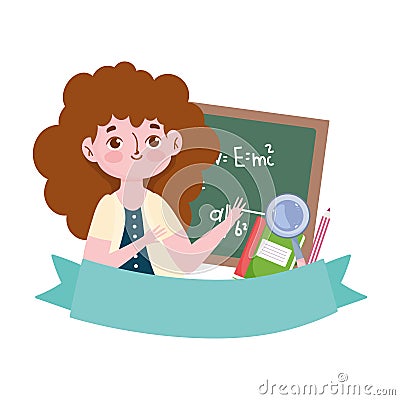 Happy teachers day, teacher blackboard book and magnifier cartoon Vector Illustration