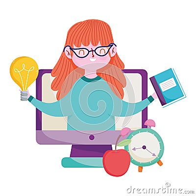 Happy teachers day, teacher online class computer book clock Vector Illustration