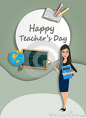 Happy Teachers` day- teacher with pointer and globe board pencils and book- Paper Cut Out -Vector Illustration Vector Illustration