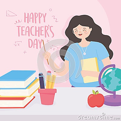 Happy teachers day, teacher school globe map apple books and pencils Vector Illustration