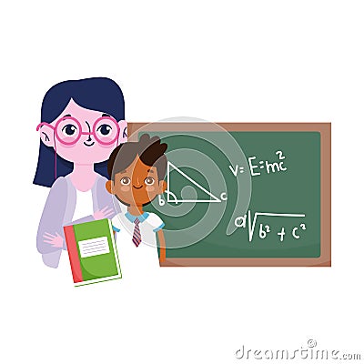 Happy teachers day, teacher and student boy blackboard and book Vector Illustration