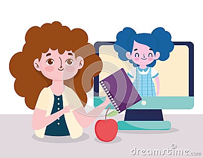 Happy teachers day, teacher and student girl computer online learn Vector Illustration