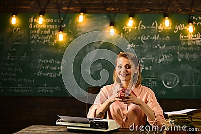 Happy teachers day. Teachers day holiday at school. Teachers day with school teacher woman in classroom. Stock Photo