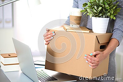 Happy team of businesspeople moving office Stock Photo