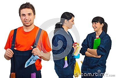 Happy teamwork of cleaning workers Stock Photo