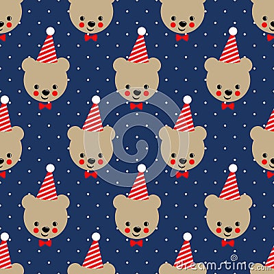 Happy teddy bear with birthday cap seamless pattern. Vector Illustration