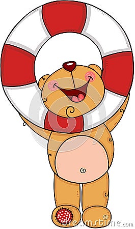 Happy teddy bear holding a help save life float Vector Illustration