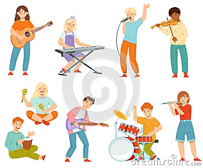 Happy Teen Boy and Girl Playing Different Musical Instruments and Singing Song Performing on Stage Vector Set Vector Illustration