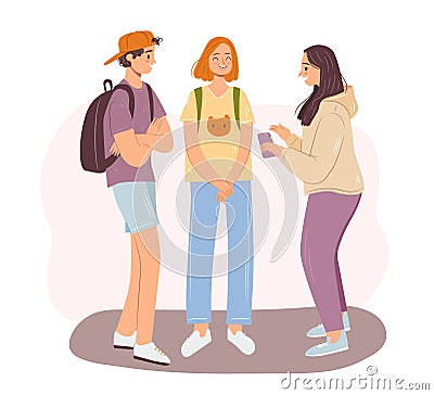 Happy teen friends talking concept. Group of cheerful school friends having conversation standing and smiling. Girls and Vector Illustration