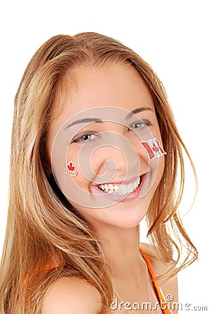 Happy teen girl wearing canada day stickers Stock Photo