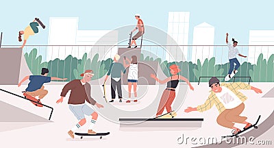 Happy teenage boys and girls or skateboarders riding skateboards at skatepark. Young men and women skateboarding and Vector Illustration