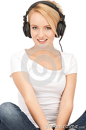 happy teenage girl in big headphones Stock Photo